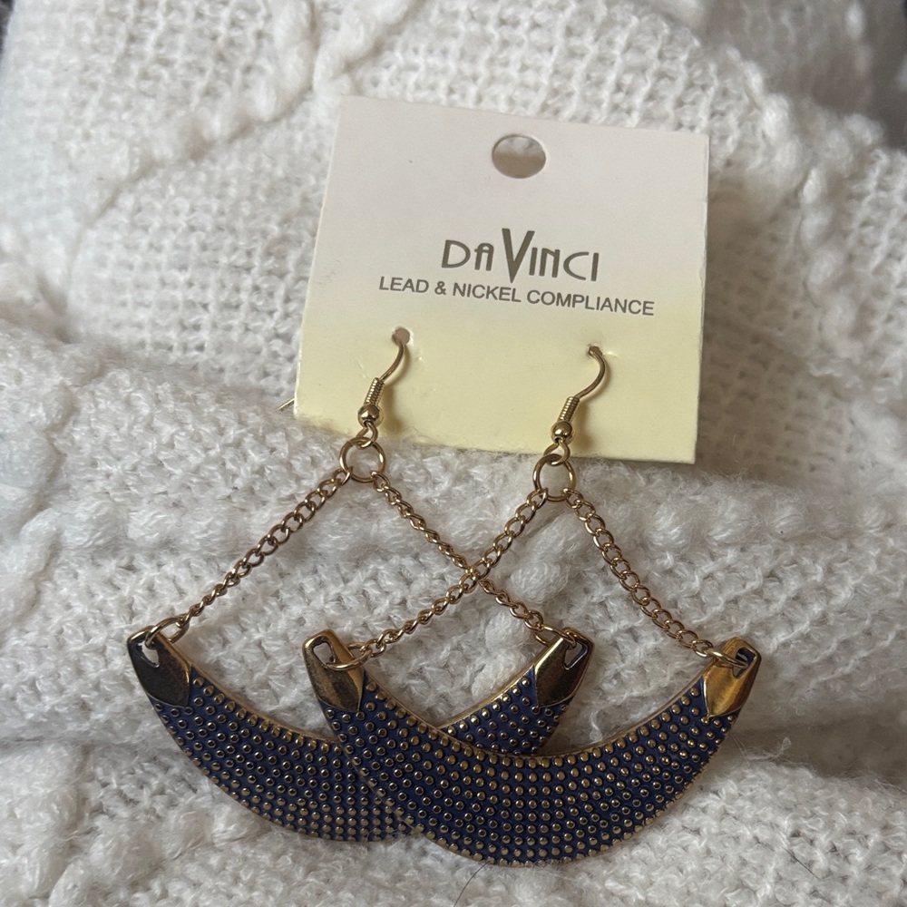 DaVinci Gold-Tone Navy Textured Crescent Dangle Earrings